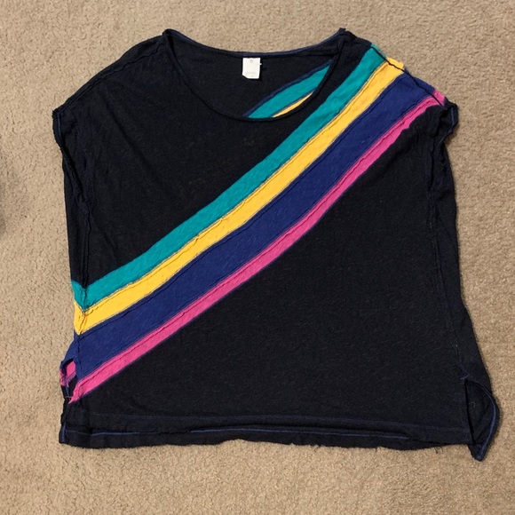 We The Free Tops - We The Free Black Rainbow Striped Burn Out Linen Blend Tee Sz M